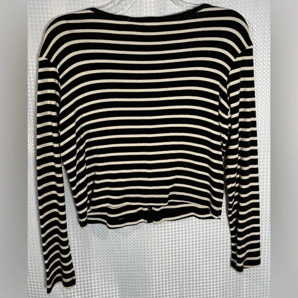 90s / Y2K Moda Intl L Black & White V-neck Striped Button-down Cotton Cardigan - Picture 2 of 5